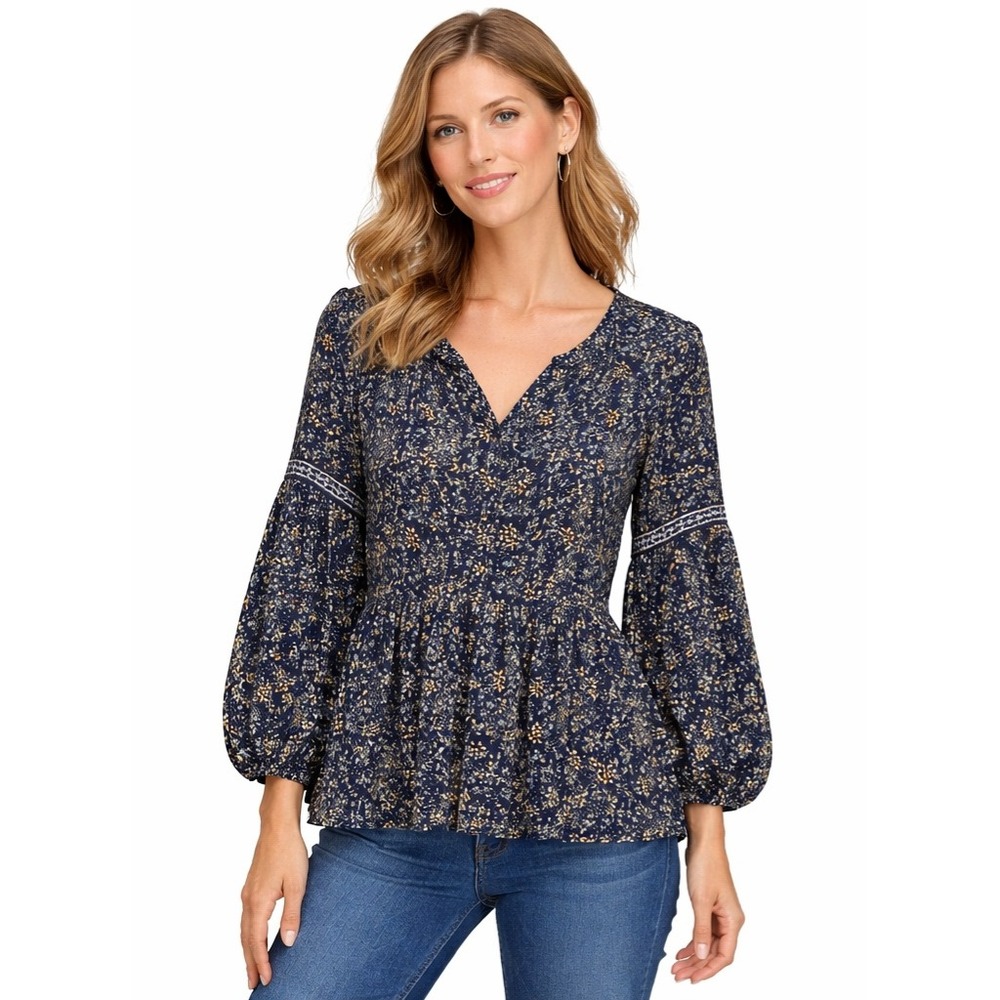 MAX STUDIO Floral Peplum‎ Blouse Balloon Sleeve Top – Size S